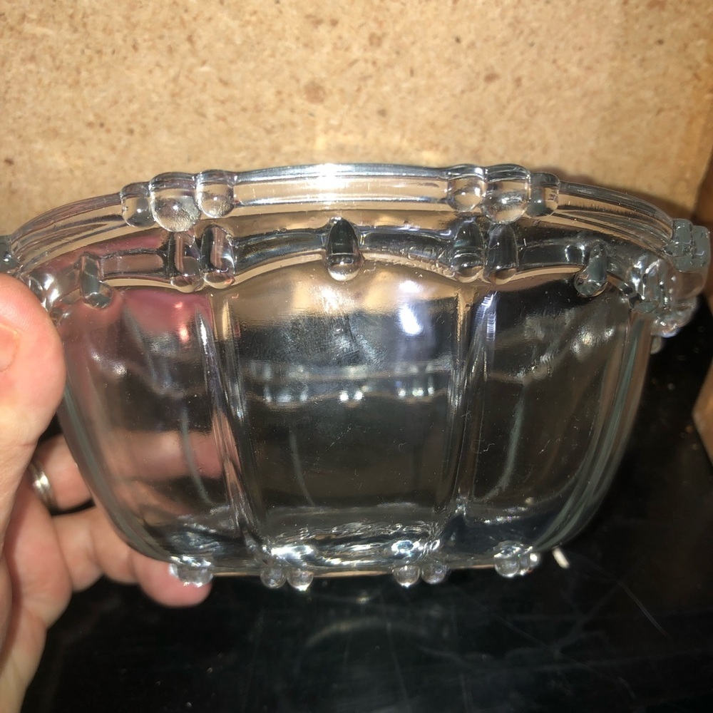 Vintage clear decorative candy dish, roughly 7” across. Classy little bowl.